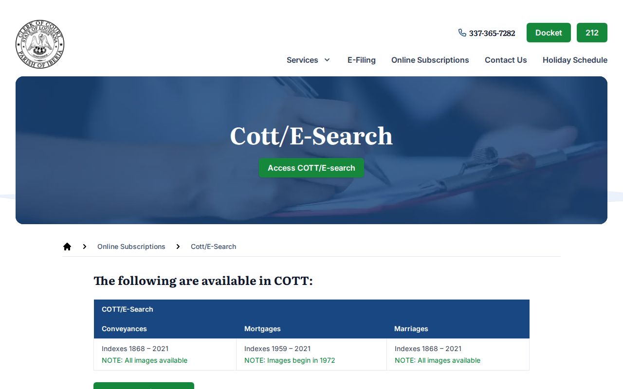 Iberia Parish case search historical COTT access information