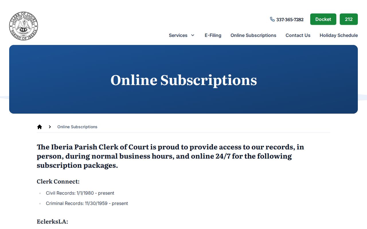 Iberia Parish case search clerk subscription access details