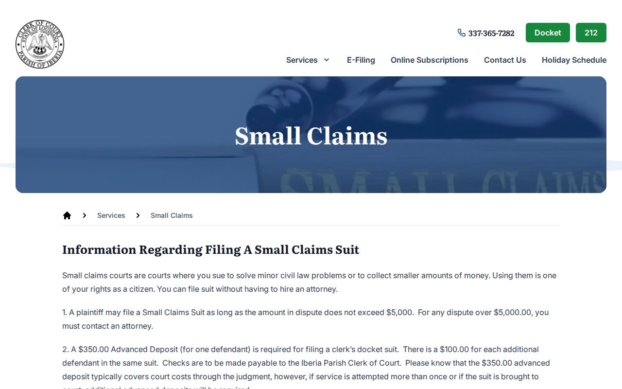 Iberia Parish civil court docket small claims instructions and venue rules