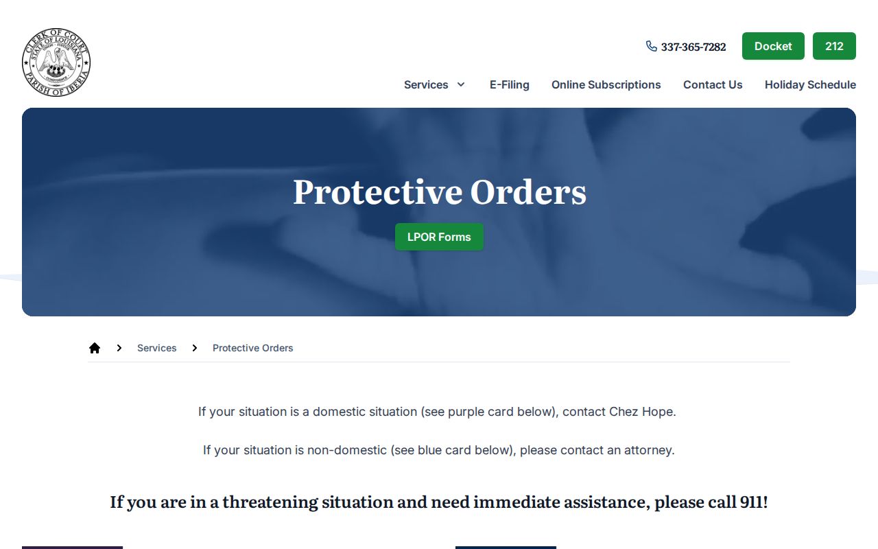 Iberia Parish civil court docket protective order forms and access resources