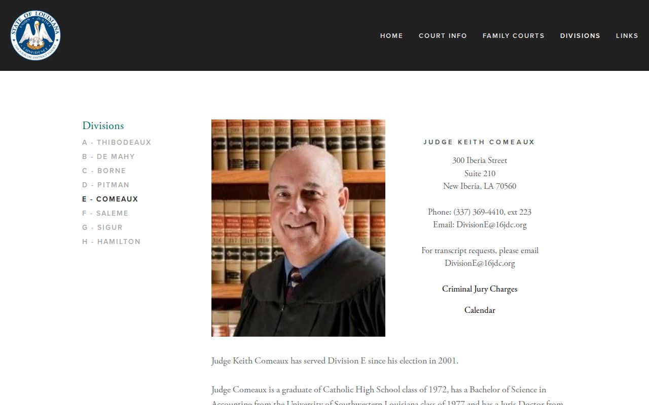Iberia Parish court calendar Division E 16th Judicial District Court page