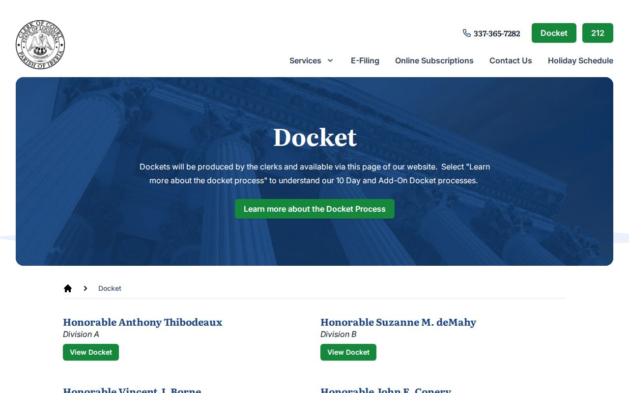 Iberia Parish court calendar docket landing page with division links