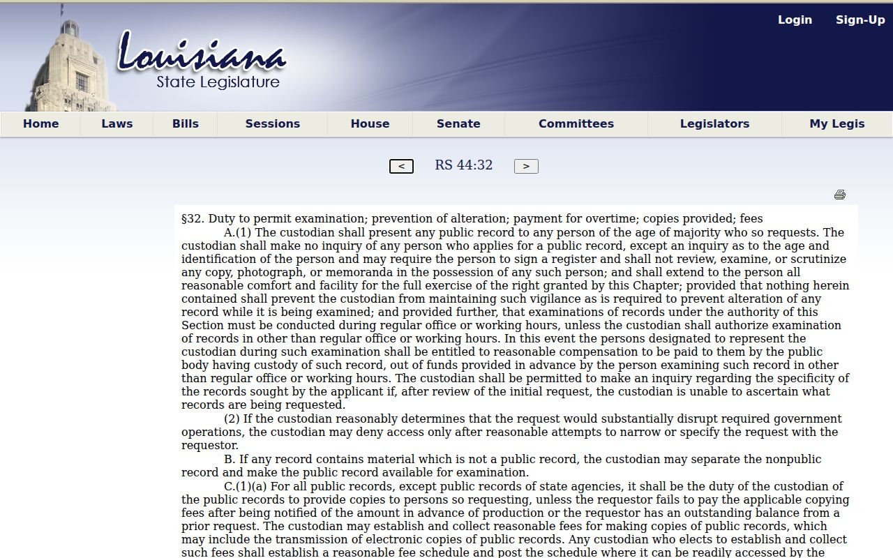 Iberia Parish court records Louisiana public record custodian and copy fee language
