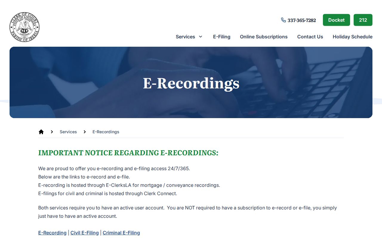 Iberia Parish court records clerk e-recording access information