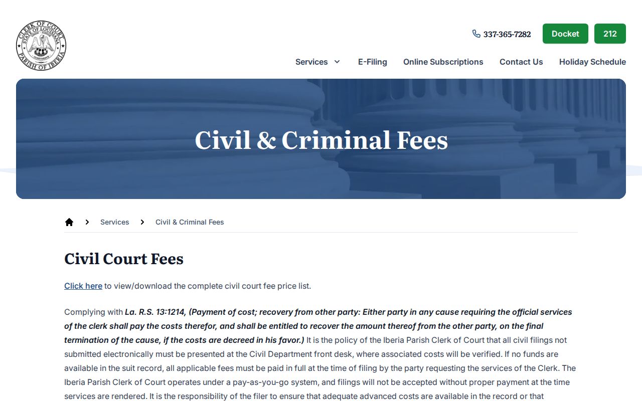 Iberia Parish court records clerk fee and copy service information