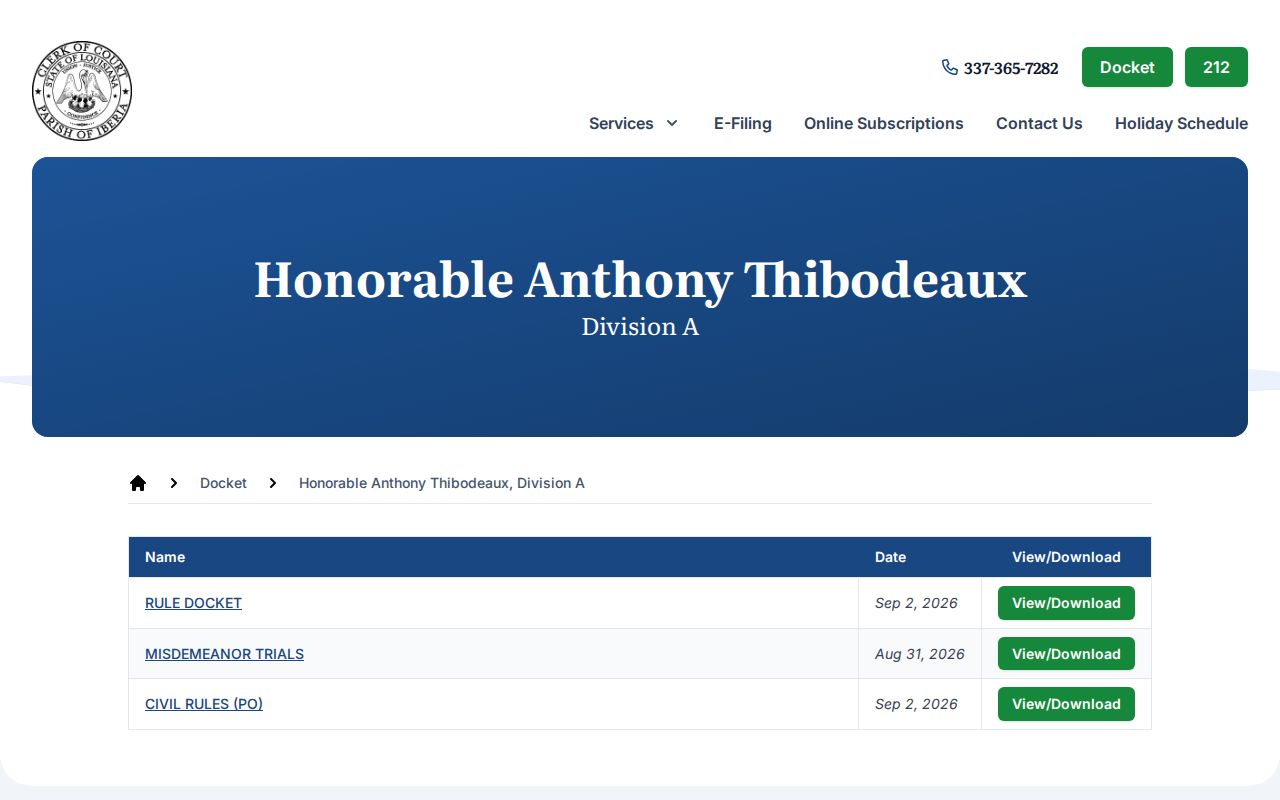 Iberia Parish criminal court docket page showing dated division calendar publications