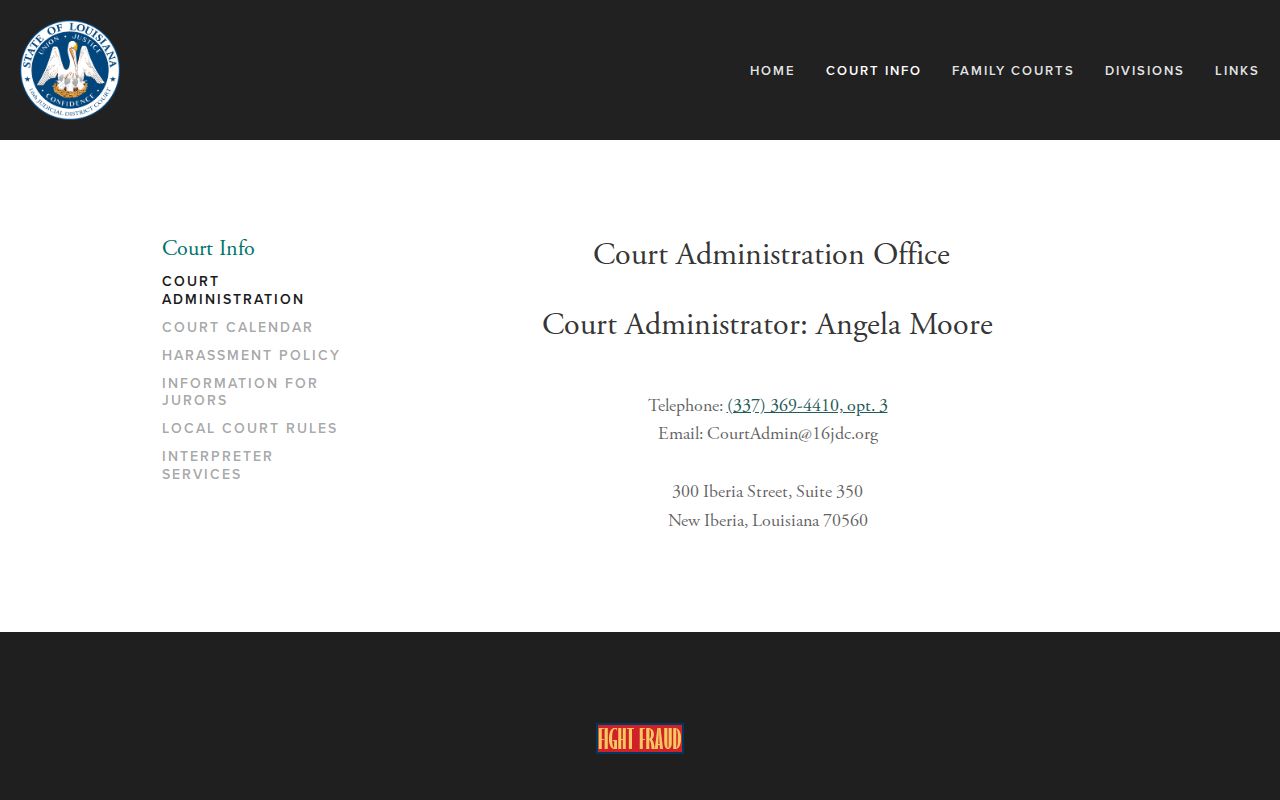 Iberia Parish court docket 16th Judicial District Court administration contact