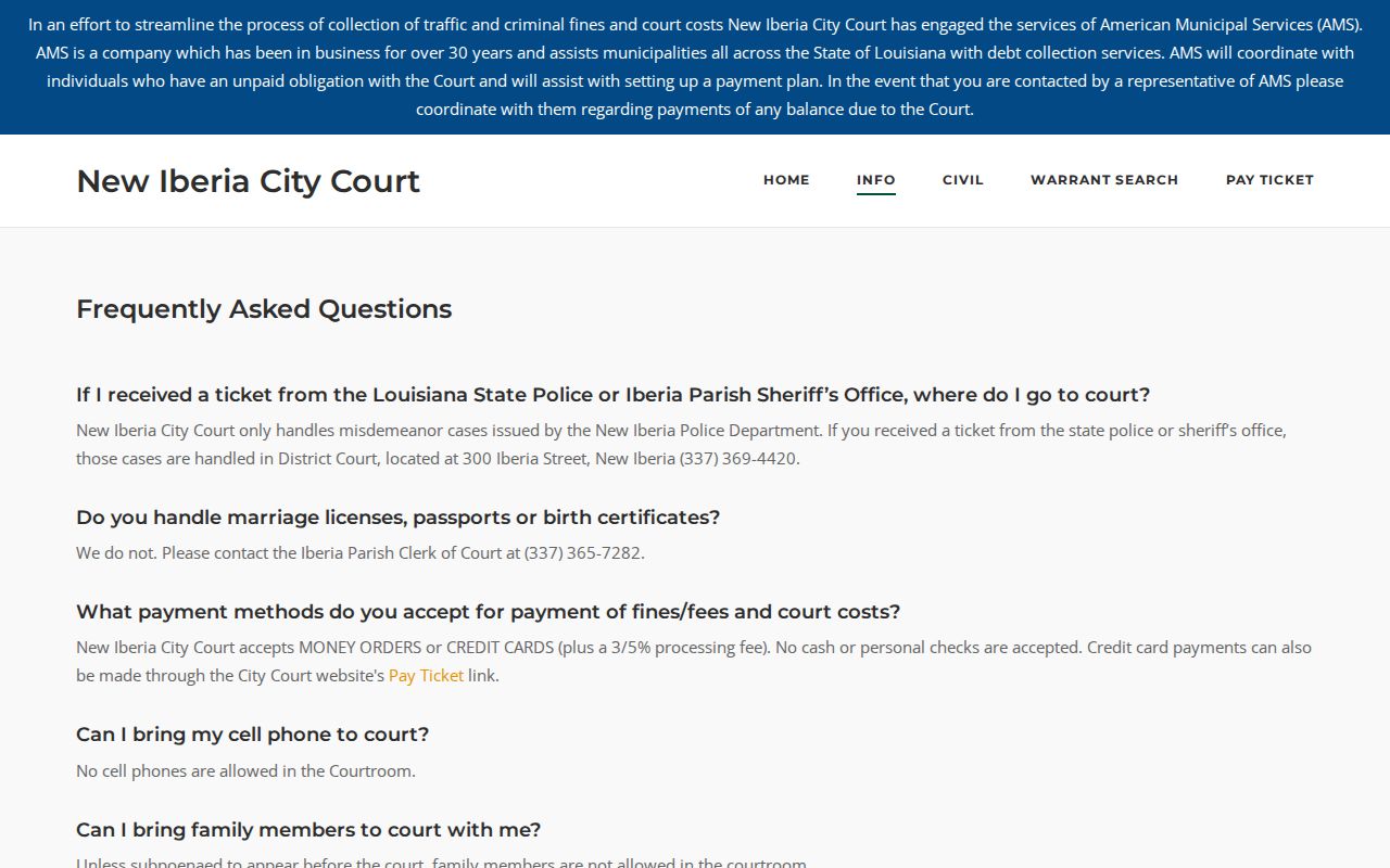 New Iberia court docket FAQ showing City Court venue and ticket information