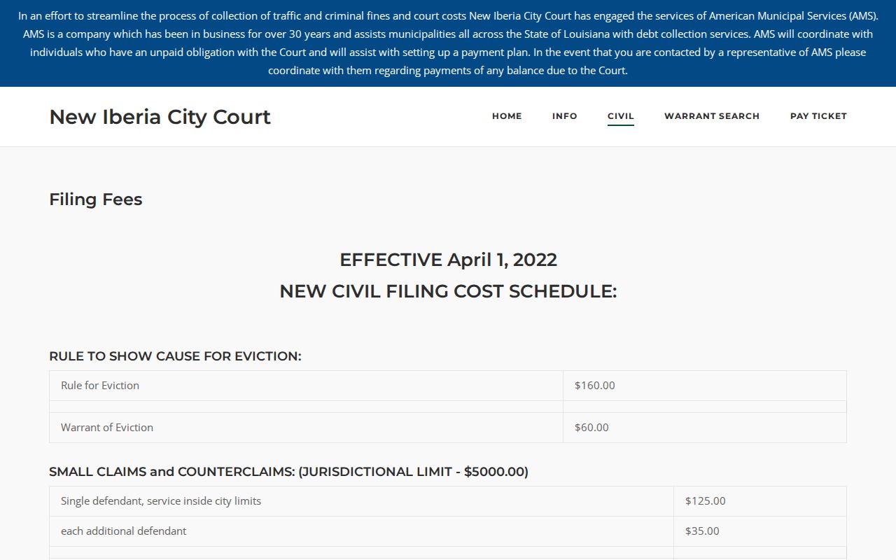 New Iberia court docket City Court fee table for copies and municipal case records