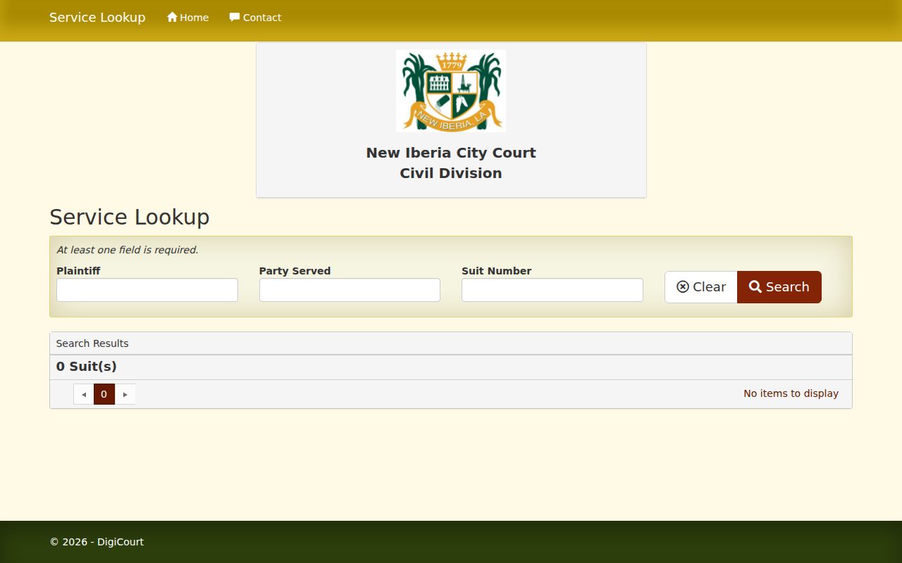 New Iberia court docket civil service lookup fields for City Court records